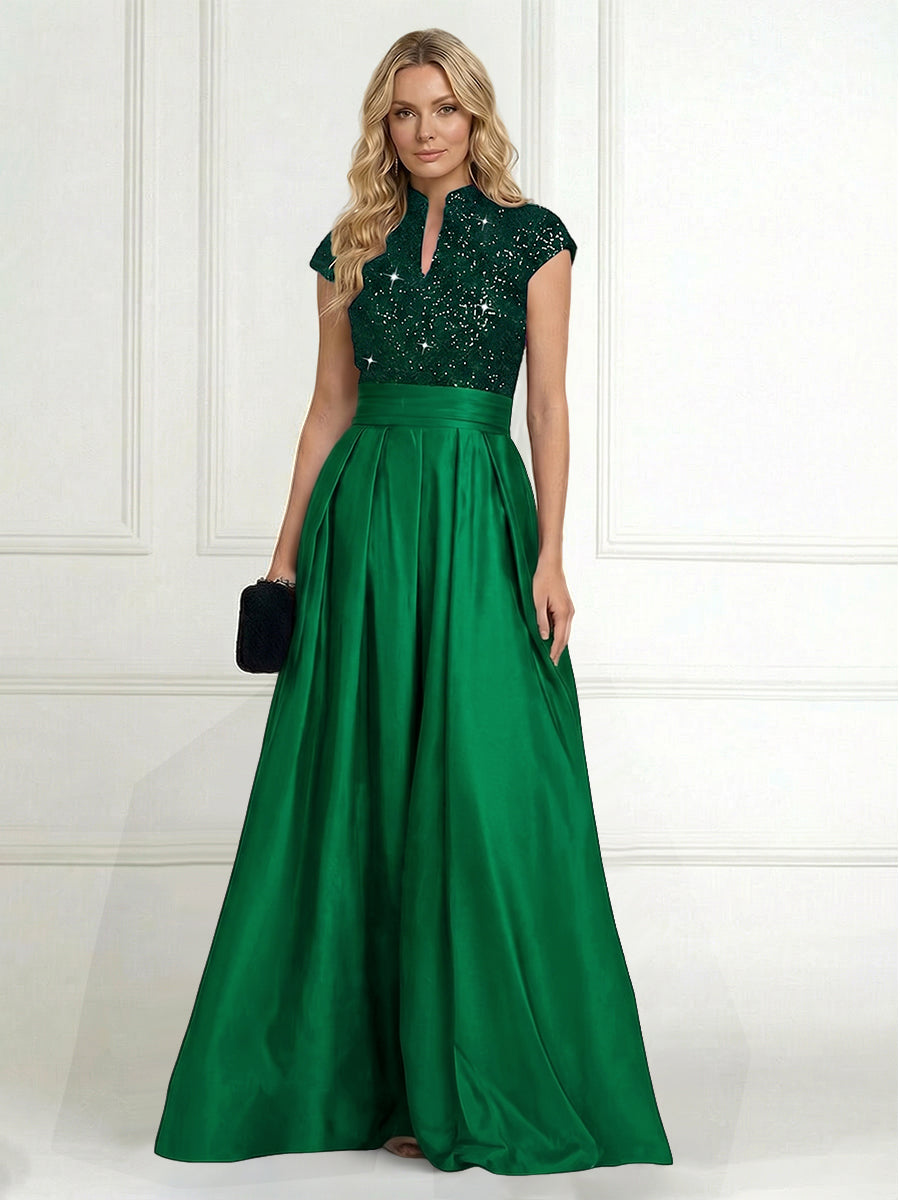 A Line/Princess Stand Collar Short Sleeve Long Elegant Mother of the Bride Dresses