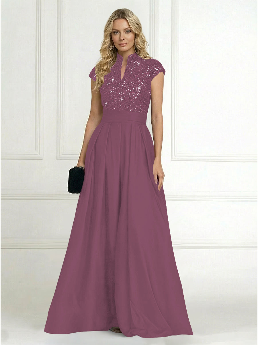 A Line/Princess Stand Collar Short Sleeve Long Elegant Mother of the Bride Dresses