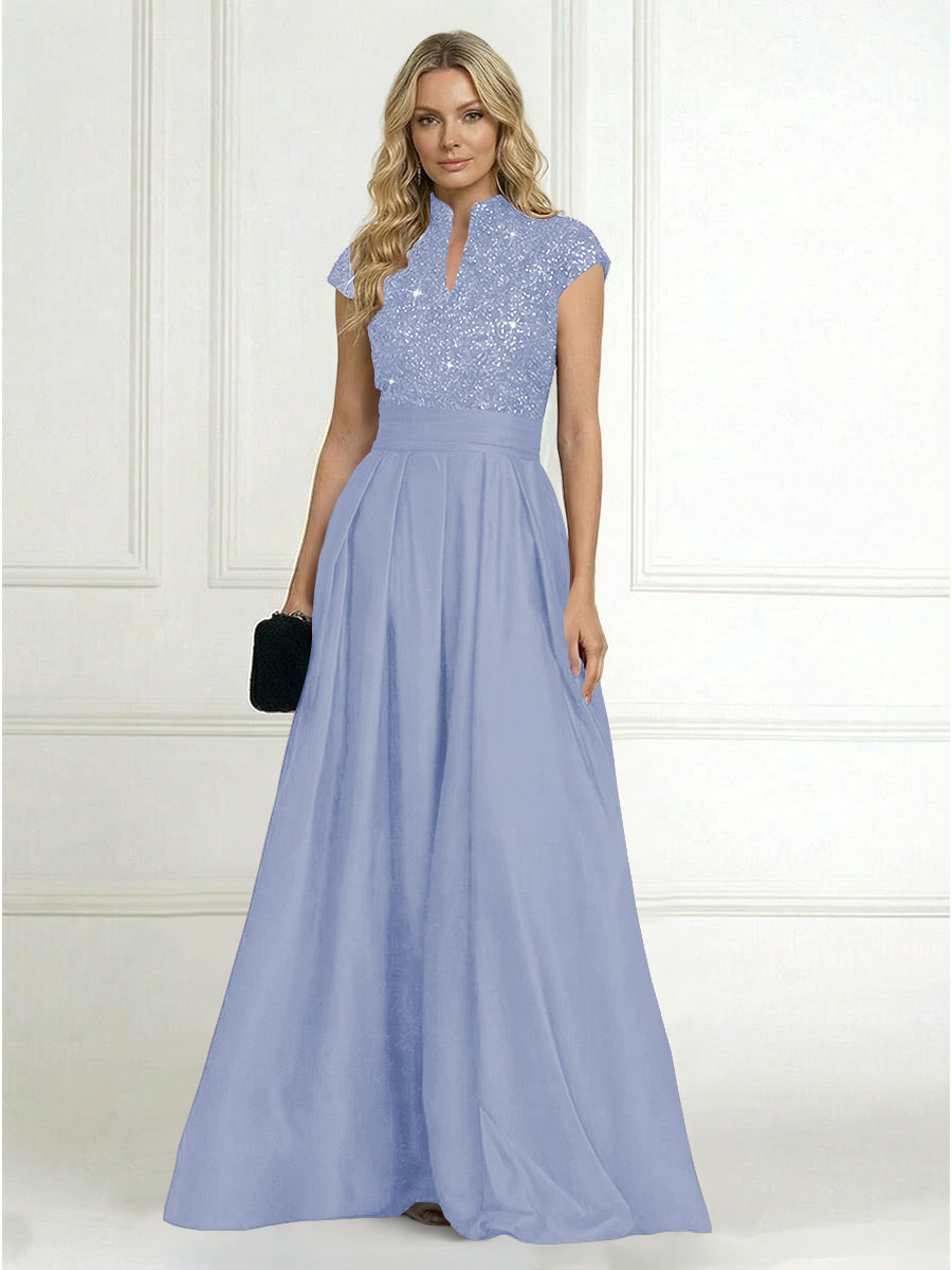 A Line/Princess Stand Collar Short Sleeve Long Elegant Mother of the Bride Dresses