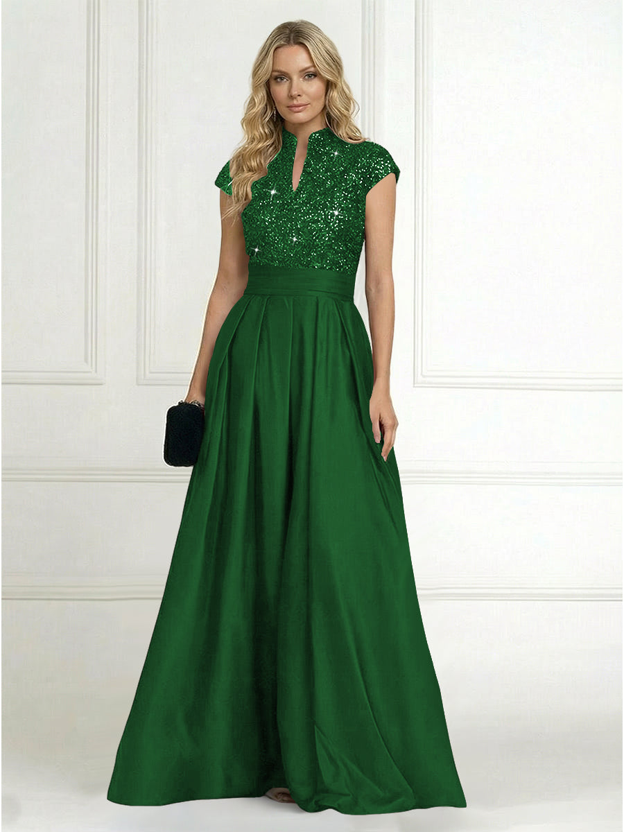 A Line/Princess Stand Collar Short Sleeve Long Elegant Mother of the Bride Dresses