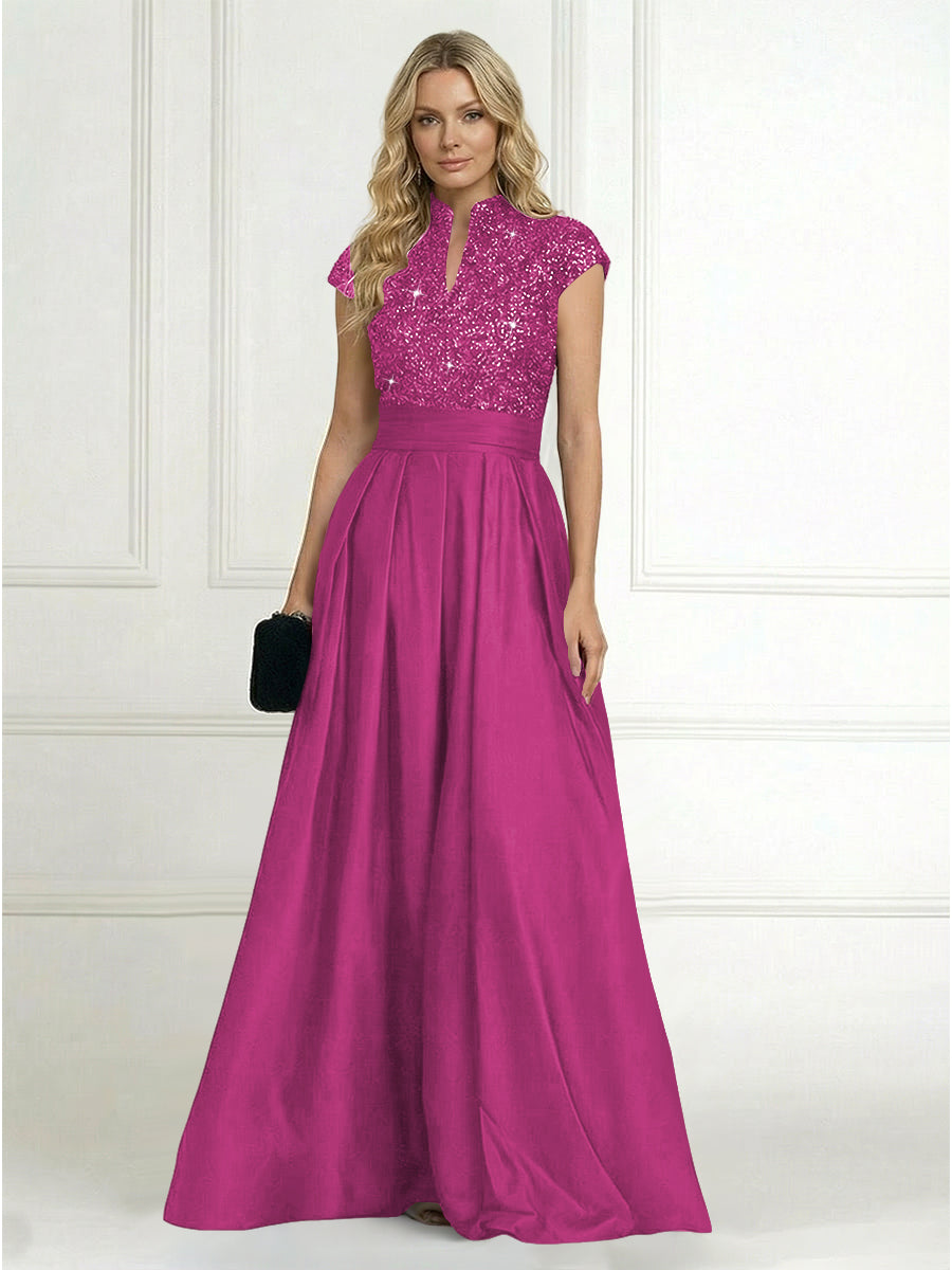 A Line/Princess Stand Collar Short Sleeve Long Elegant Mother of the Bride Dresses