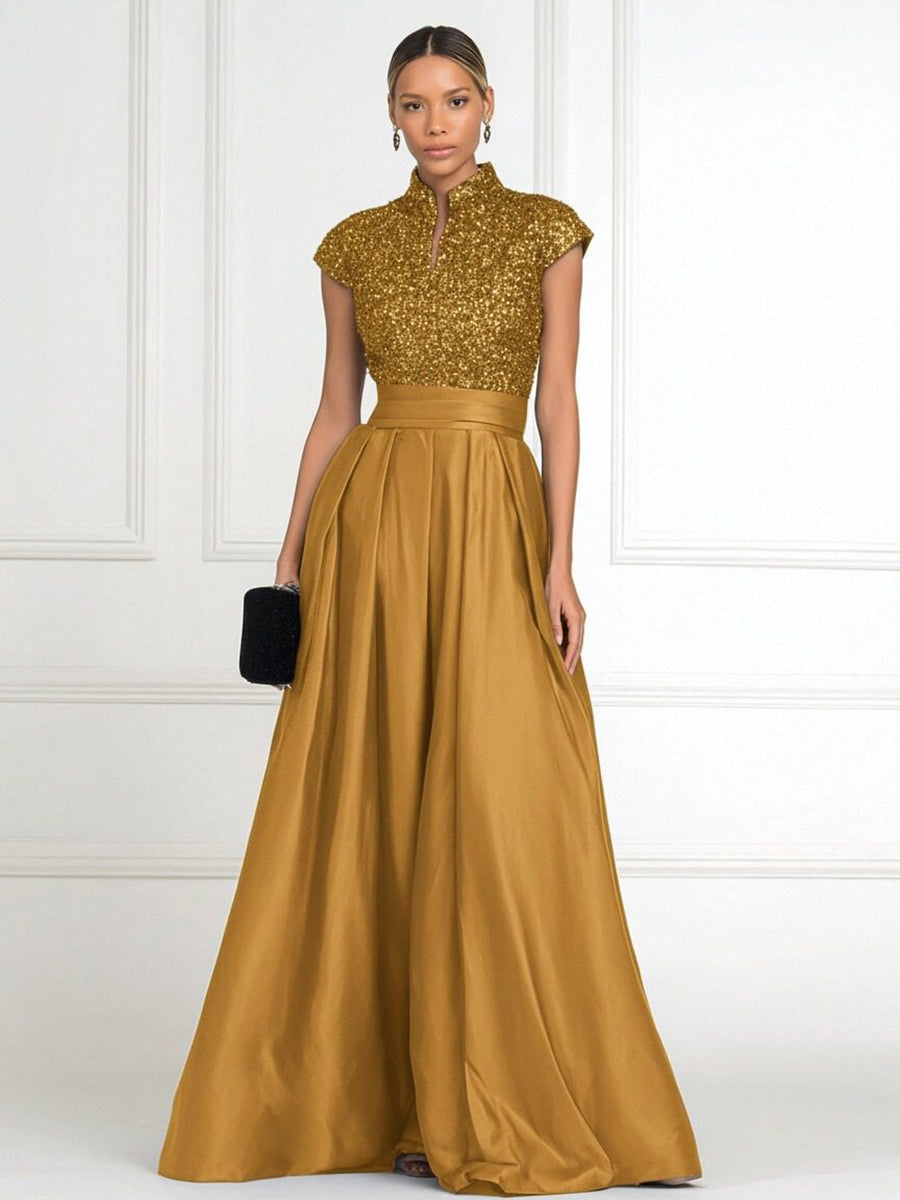 A Line/Princess Stand Collar Short Sleeve Long Elegant Mother of the Bride Dresses