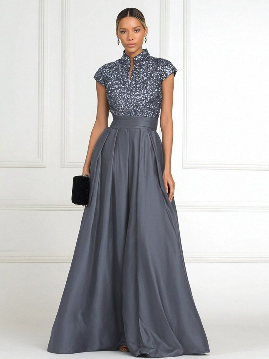 A Line/Princess Stand Collar Short Sleeve Long Elegant Mother of the Bride Dresses