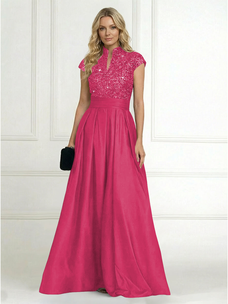 A Line/Princess Stand Collar Short Sleeve Long Elegant Mother of the Bride Dresses