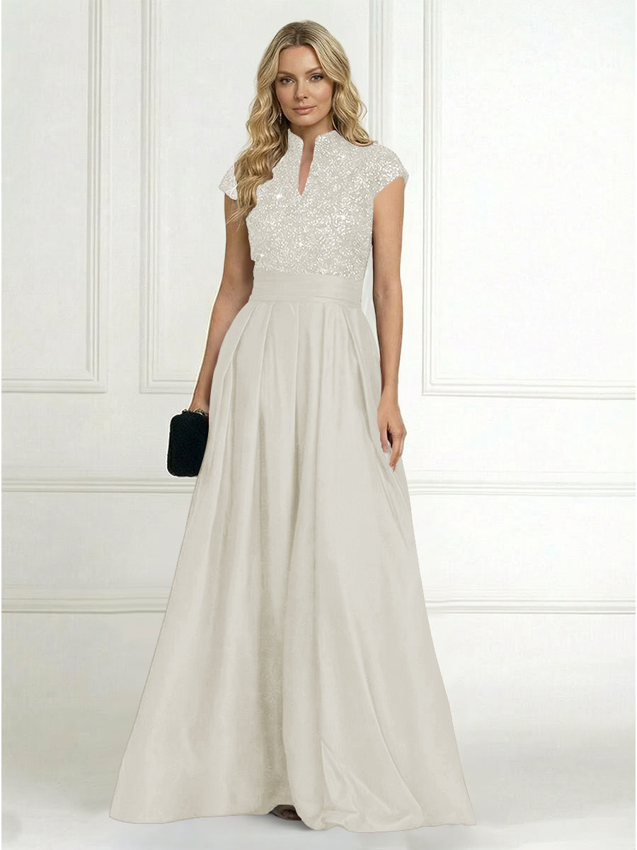 A Line/Princess Stand Collar Short Sleeve Long Elegant Mother of the Bride Dresses