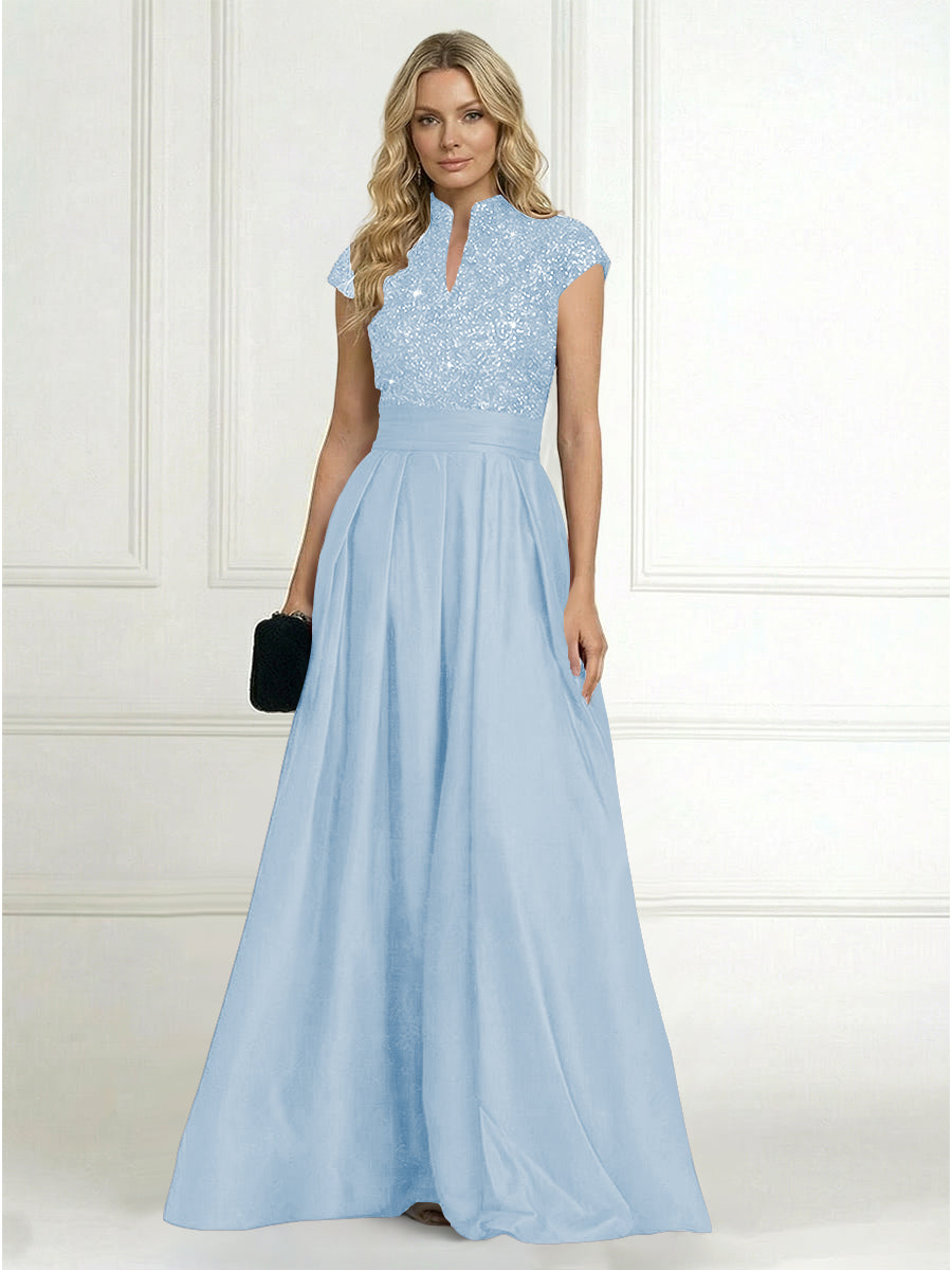 A Line/Princess Stand Collar Short Sleeve Long Elegant Mother of the Bride Dresses
