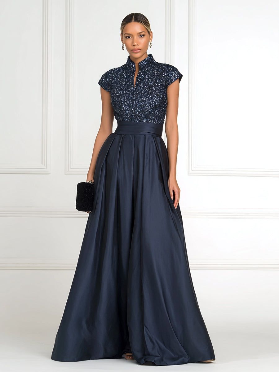 A Line/Princess Stand Collar Short Sleeve Long Elegant Mother of the Bride Dresses