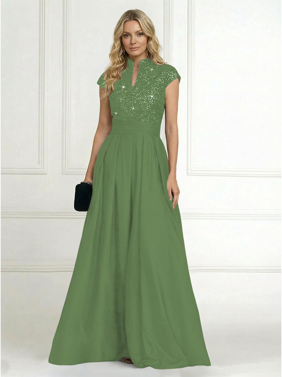 A Line/Princess Stand Collar Short Sleeve Long Elegant Mother of the Bride Dresses