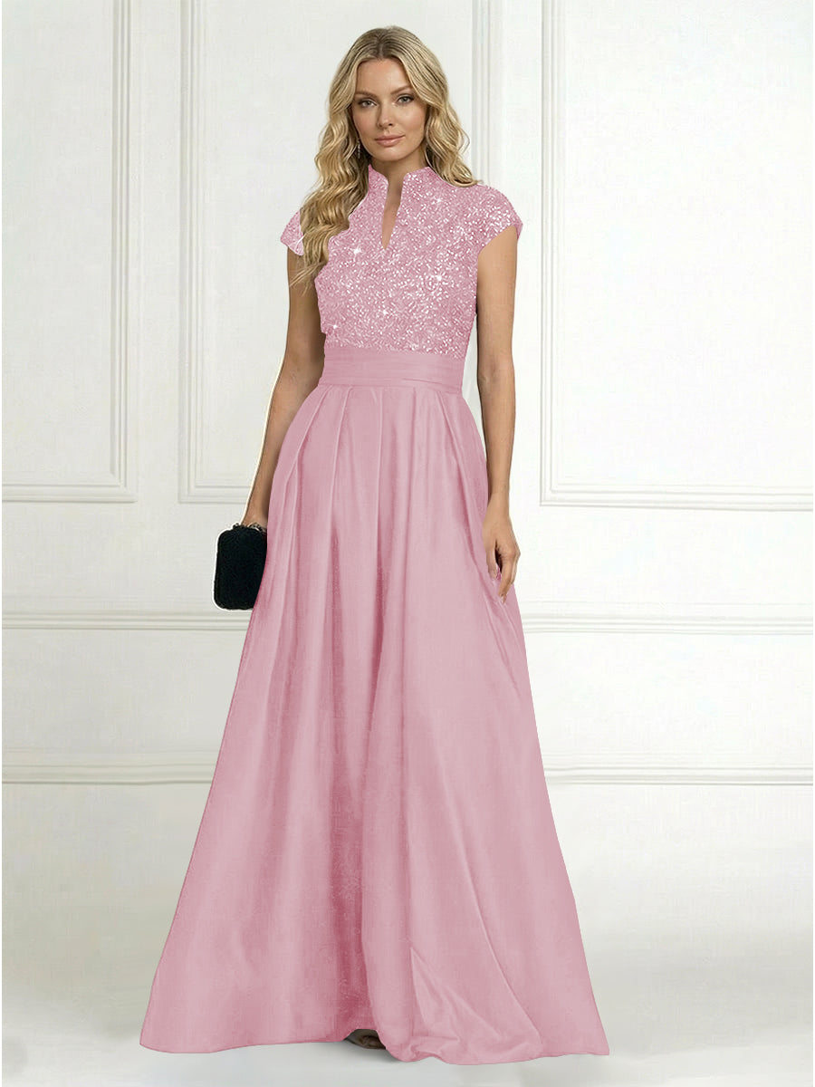 A Line/Princess Stand Collar Short Sleeve Long Elegant Mother of the Bride Dresses