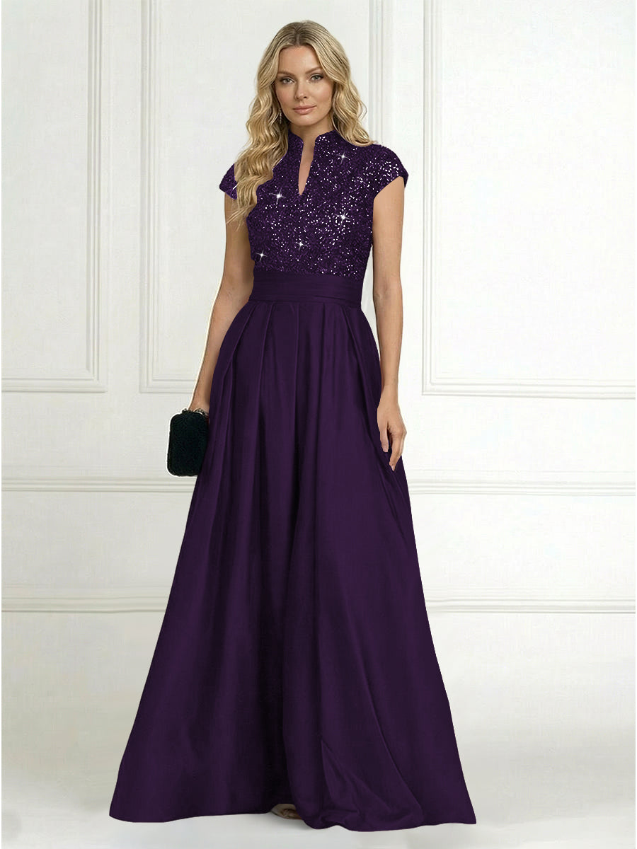 A Line/Princess Stand Collar Short Sleeve Long Elegant Mother of the Bride Dresses