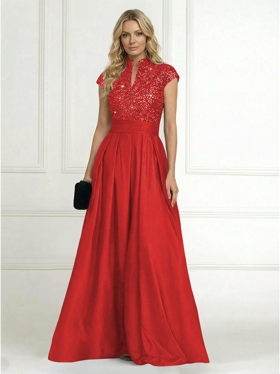 A Line/Princess Stand Collar Short Sleeve Long Elegant Mother of the Bride Dresses