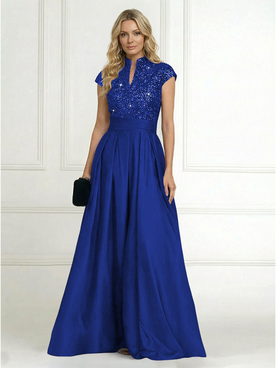 A Line/Princess Stand Collar Short Sleeve Long Elegant Mother of the Bride Dresses