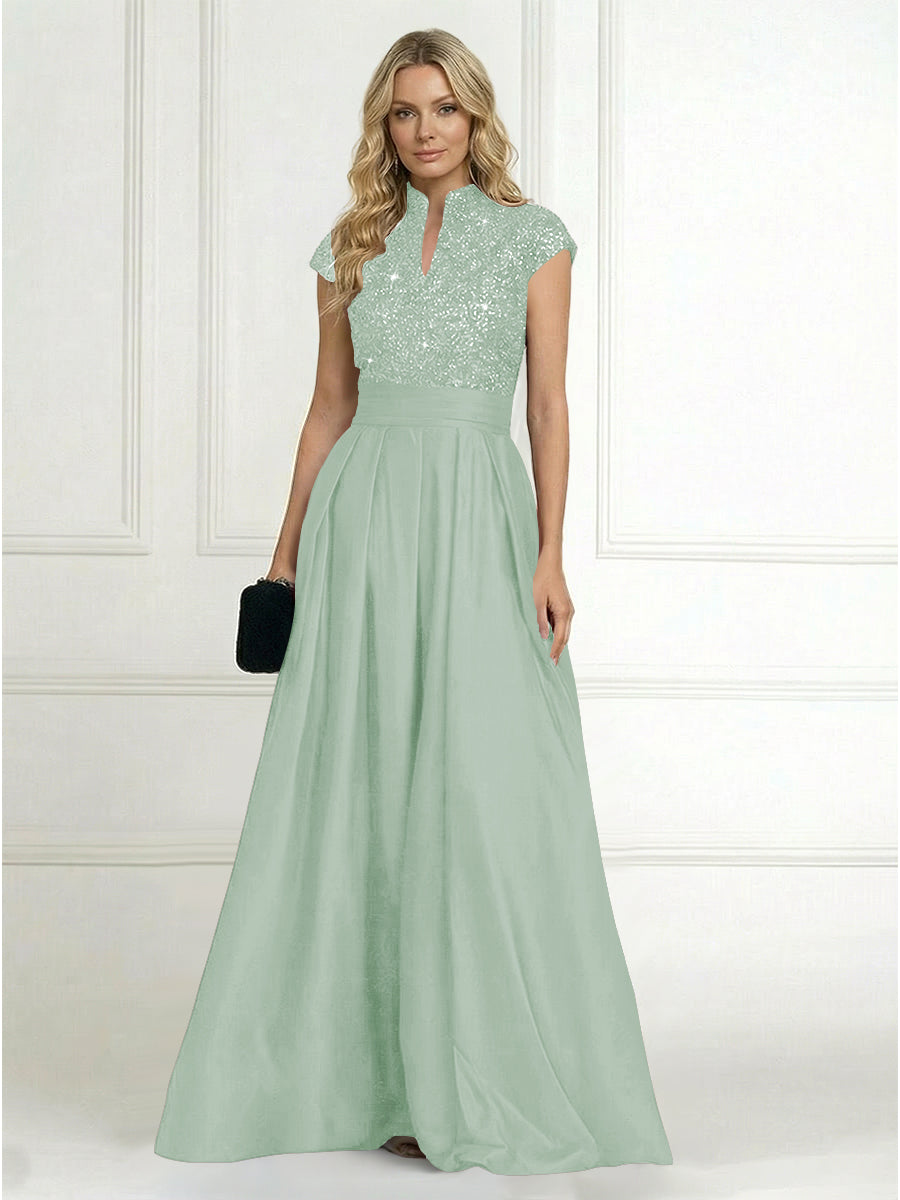 A Line/Princess Stand Collar Short Sleeve Long Elegant Mother of the Bride Dresses