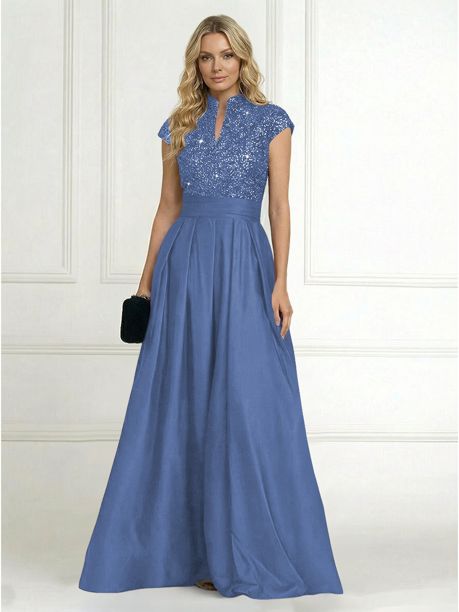 A Line/Princess Stand Collar Short Sleeve Long Elegant Mother of the Bride Dresses