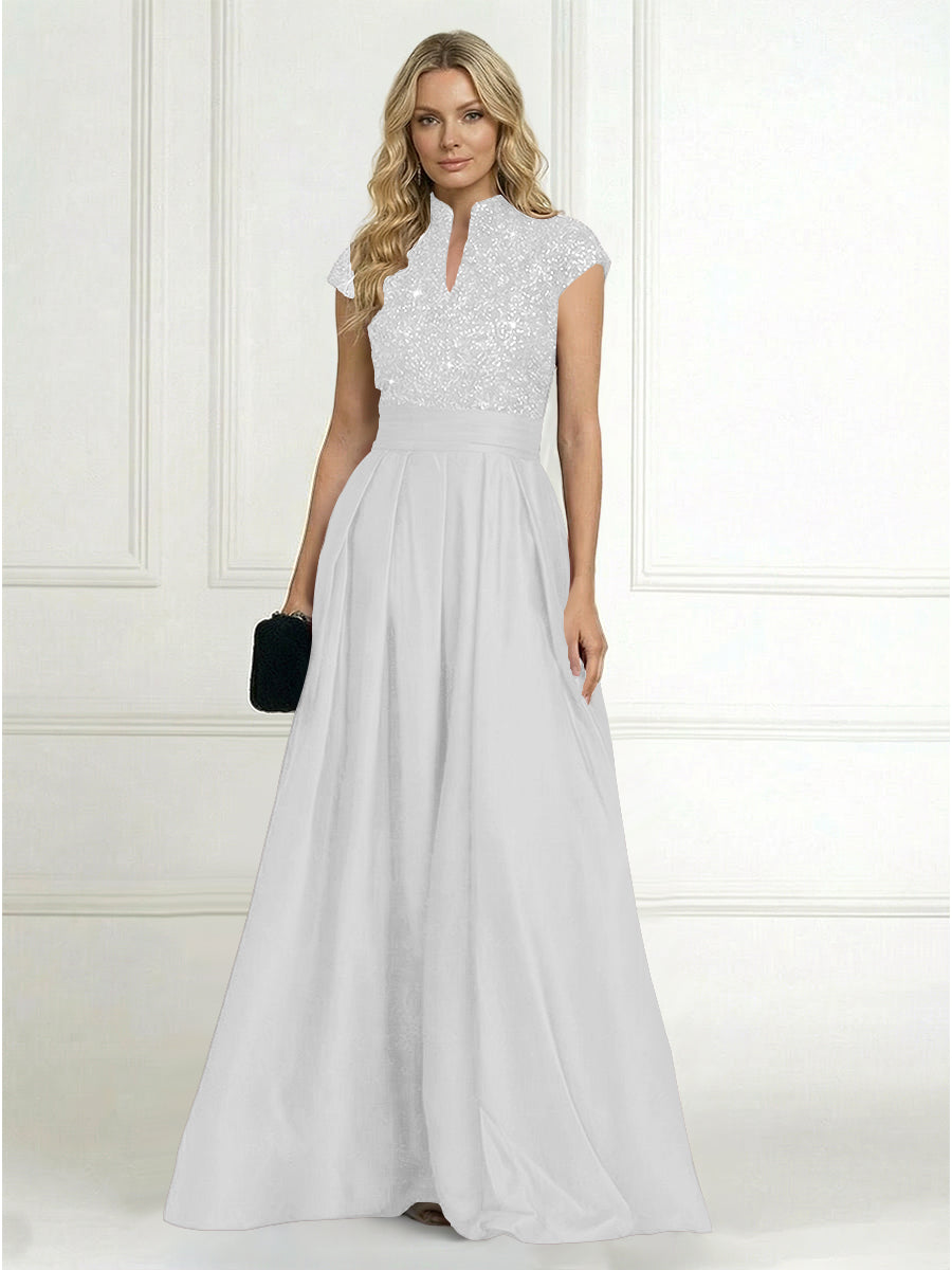 A Line/Princess Stand Collar Short Sleeve Long Elegant Mother of the Bride Dresses