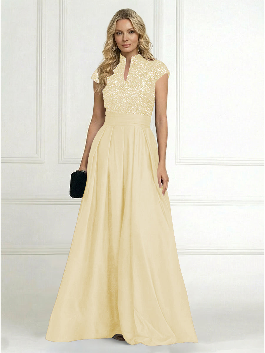 A Line/Princess Stand Collar Short Sleeve Long Elegant Mother of the Bride Dresses