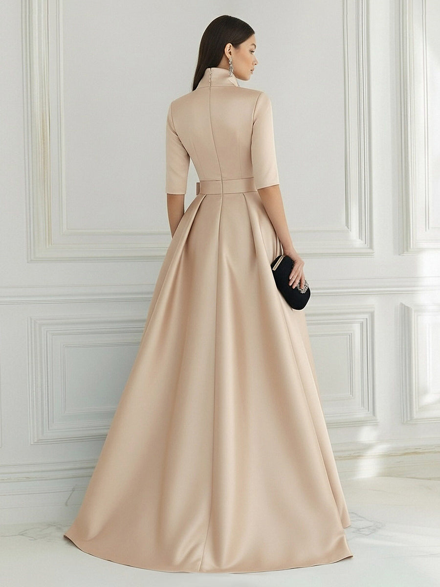 A Line/Princess V Neck Half Sleeve Elegant Evening Dresses with Lace Appliques