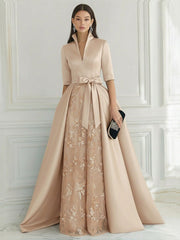 A Line/Princess V Neck Half Sleeve Elegant Evening Dresses with Lace Appliques
