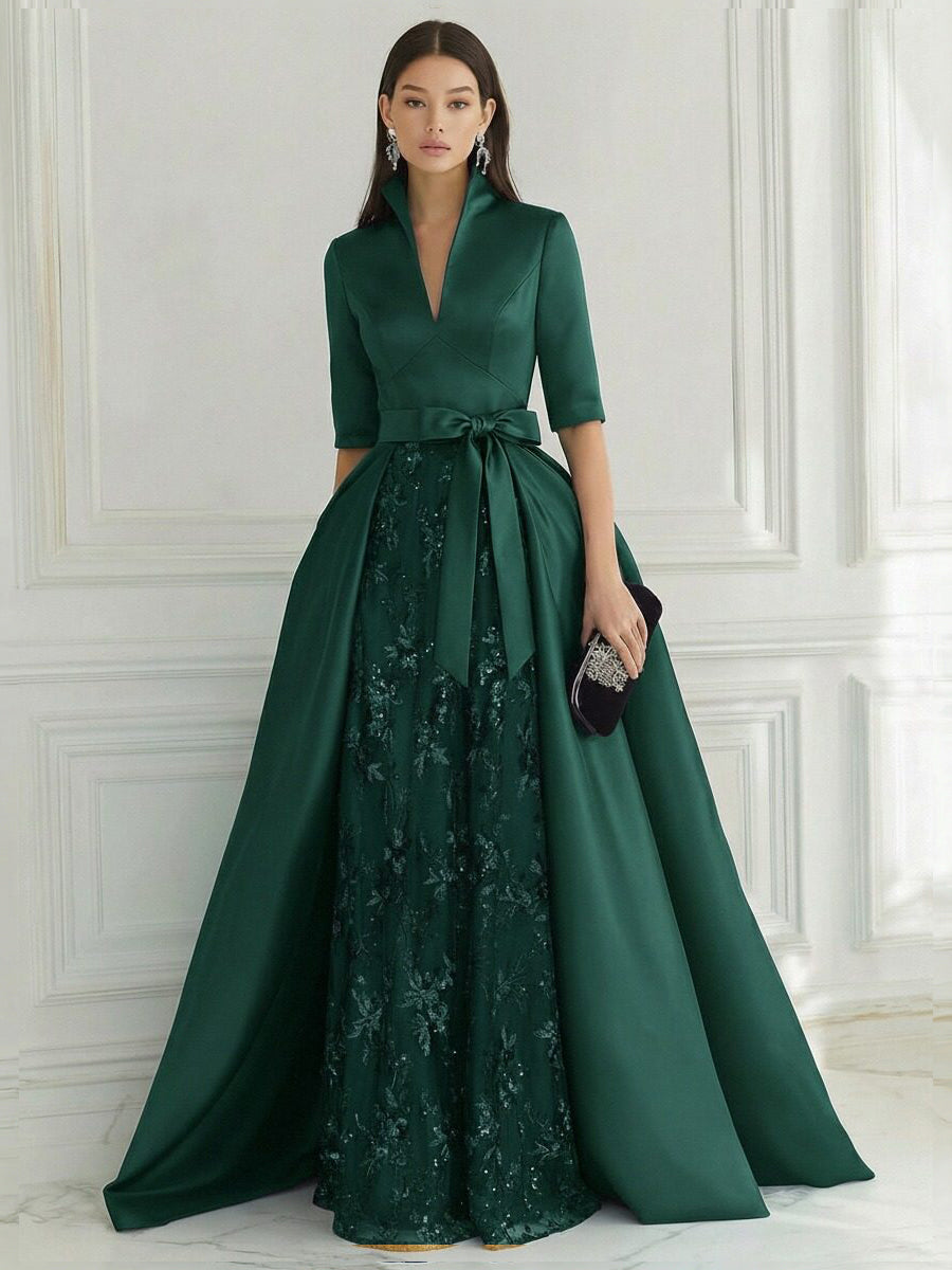 A Line/Princess V Neck Half Sleeve Elegant Evening Dresses with Lace Appliques