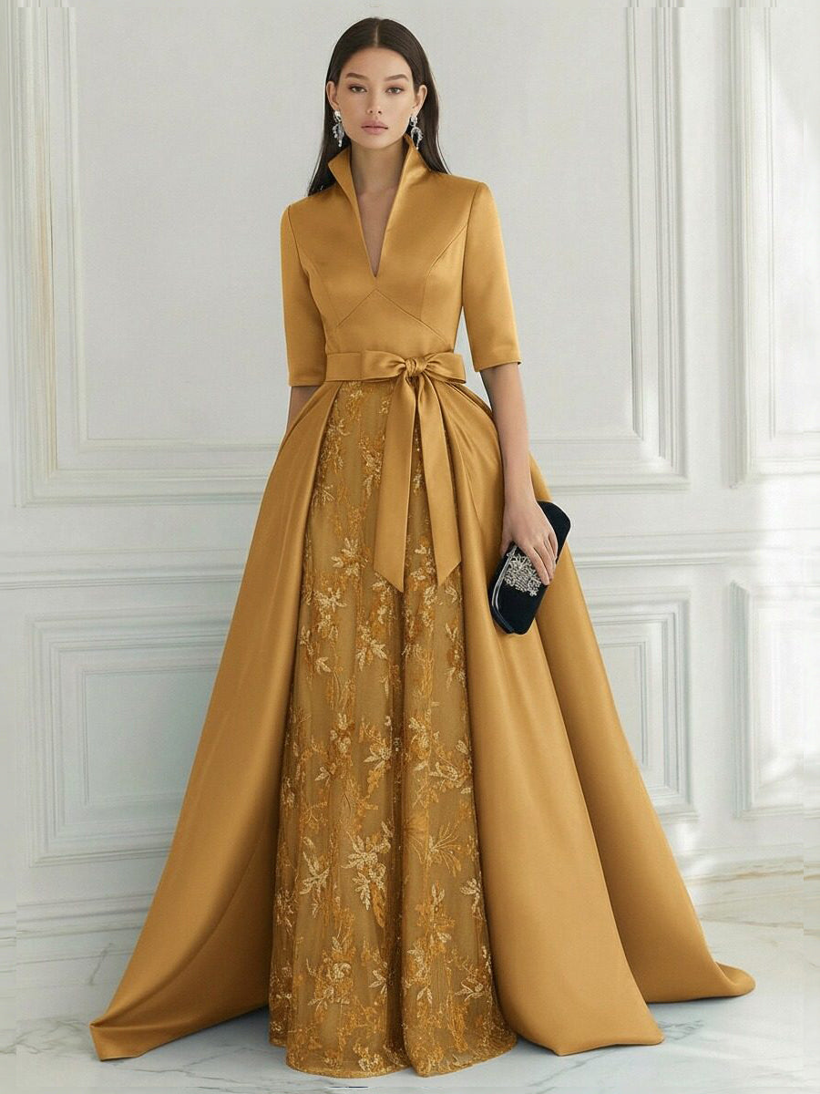 A Line/Princess V Neck Half Sleeve Elegant Evening Dresses with Lace Appliques