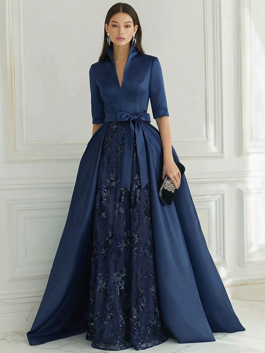 A Line/Princess V Neck Half Sleeve Elegant Evening Dresses with Lace Appliques