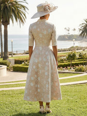 A-Line Jacquard Half Sleeve V-Neck Tea-Length Mother of the Bride Dresses with Flower