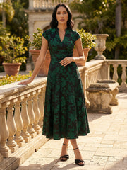 A-Line Jacquard Cap Sleeve V-Neck Tea-Length Mother of the Bride Dresses