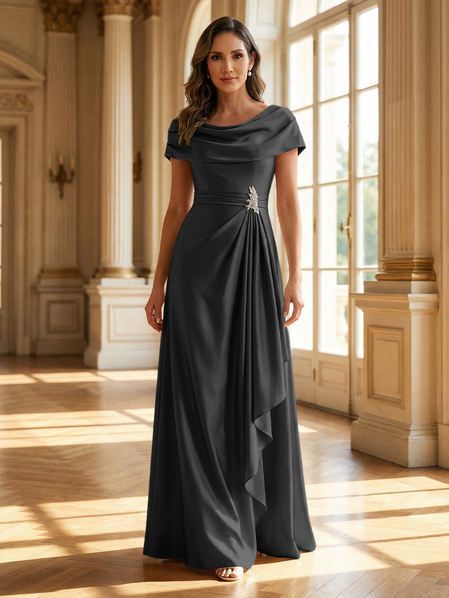 A-Line Scoop Neck Ruched Floor-Length Mother of the Bride Dresses with Ruffle