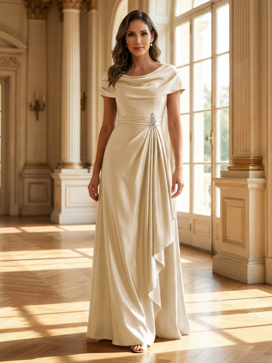 A-Line Scoop Neck Ruched Floor-Length Mother of the Bride Dresses with Ruffle