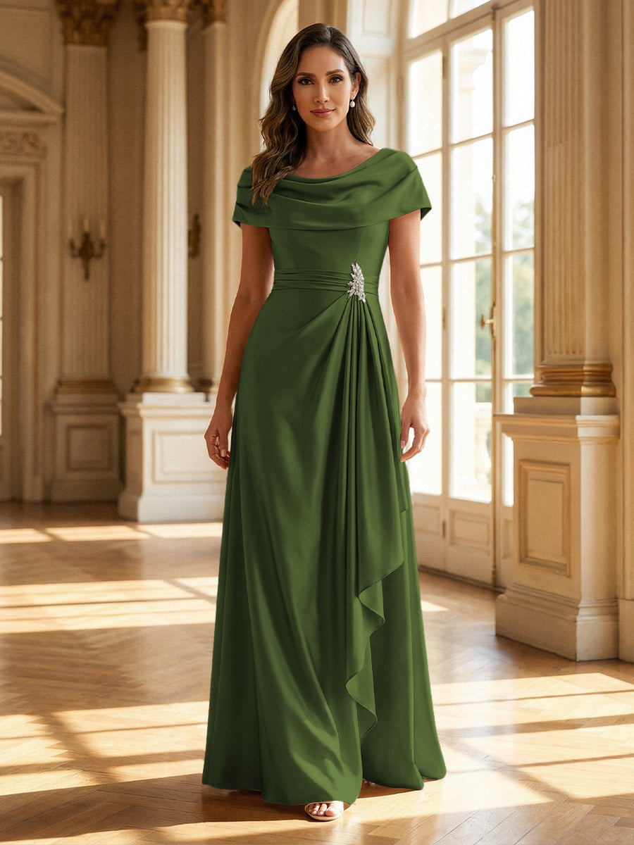 A-Line Scoop Neck Ruched Floor-Length Mother of the Bride Dresses with Ruffle