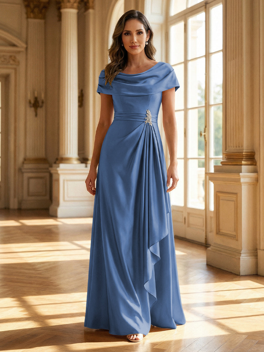 A-Line Scoop Neck Ruched Floor-Length Mother of the Bride Dresses with Ruffle