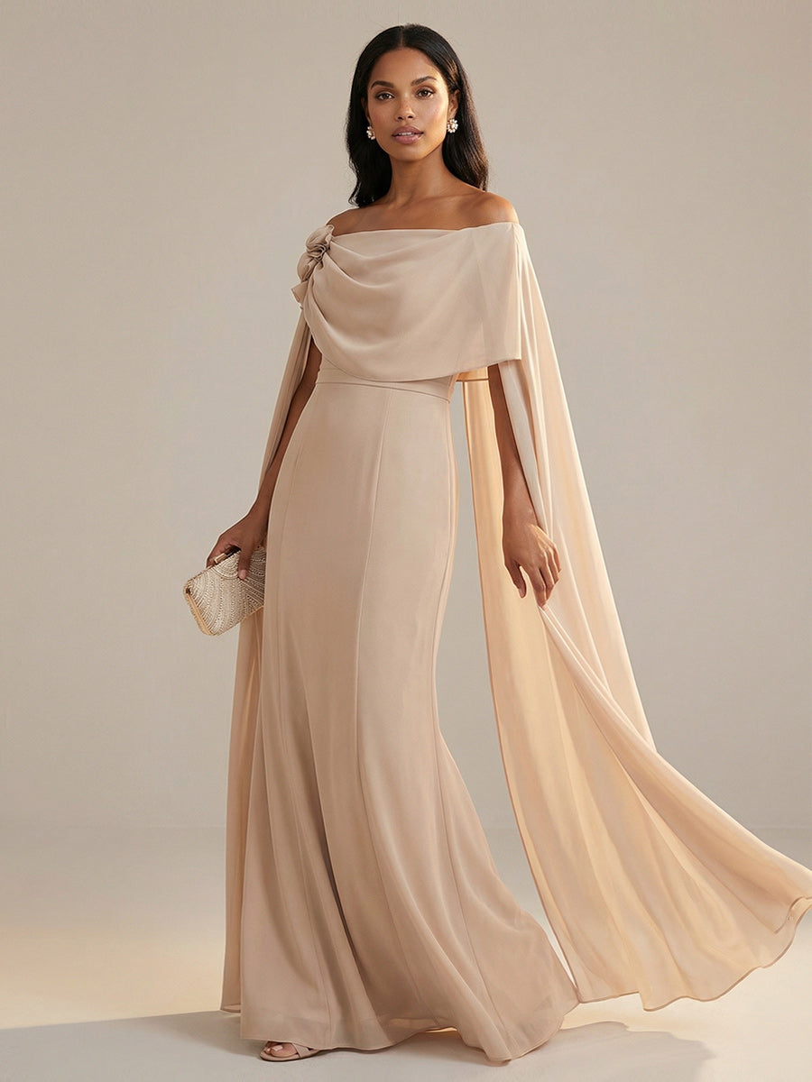 A-Line Chiffon Off-Shoulder Drape Floor-Length Mother of the Bride Dresses with Applique