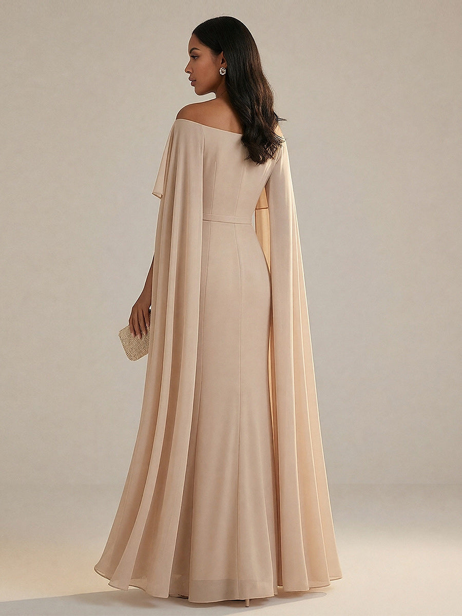 A-Line Chiffon Off-Shoulder Drape Floor-Length Mother of the Bride Dresses with Applique