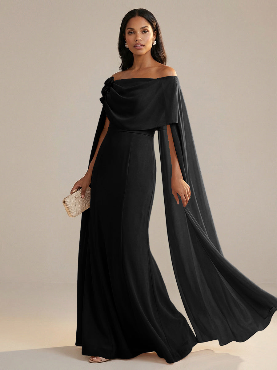 A-Line Chiffon Off-Shoulder Drape Floor-Length Mother of the Bride Dresses with Applique