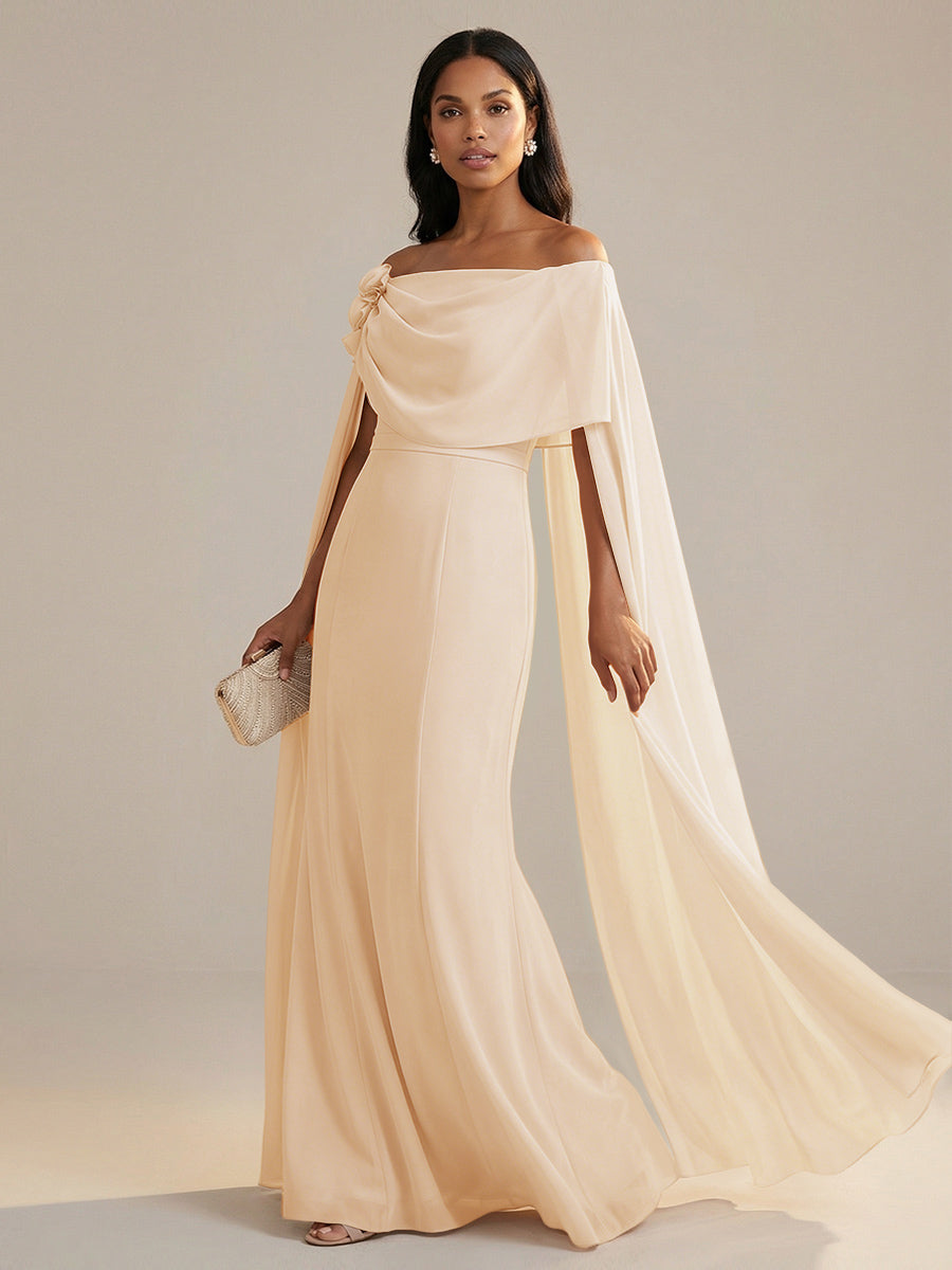 A-Line Chiffon Off-Shoulder Drape Floor-Length Mother of the Bride Dresses with Applique