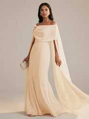 A-Line Chiffon Off-Shoulder Drape Floor-Length Mother of the Bride Dresses with Applique