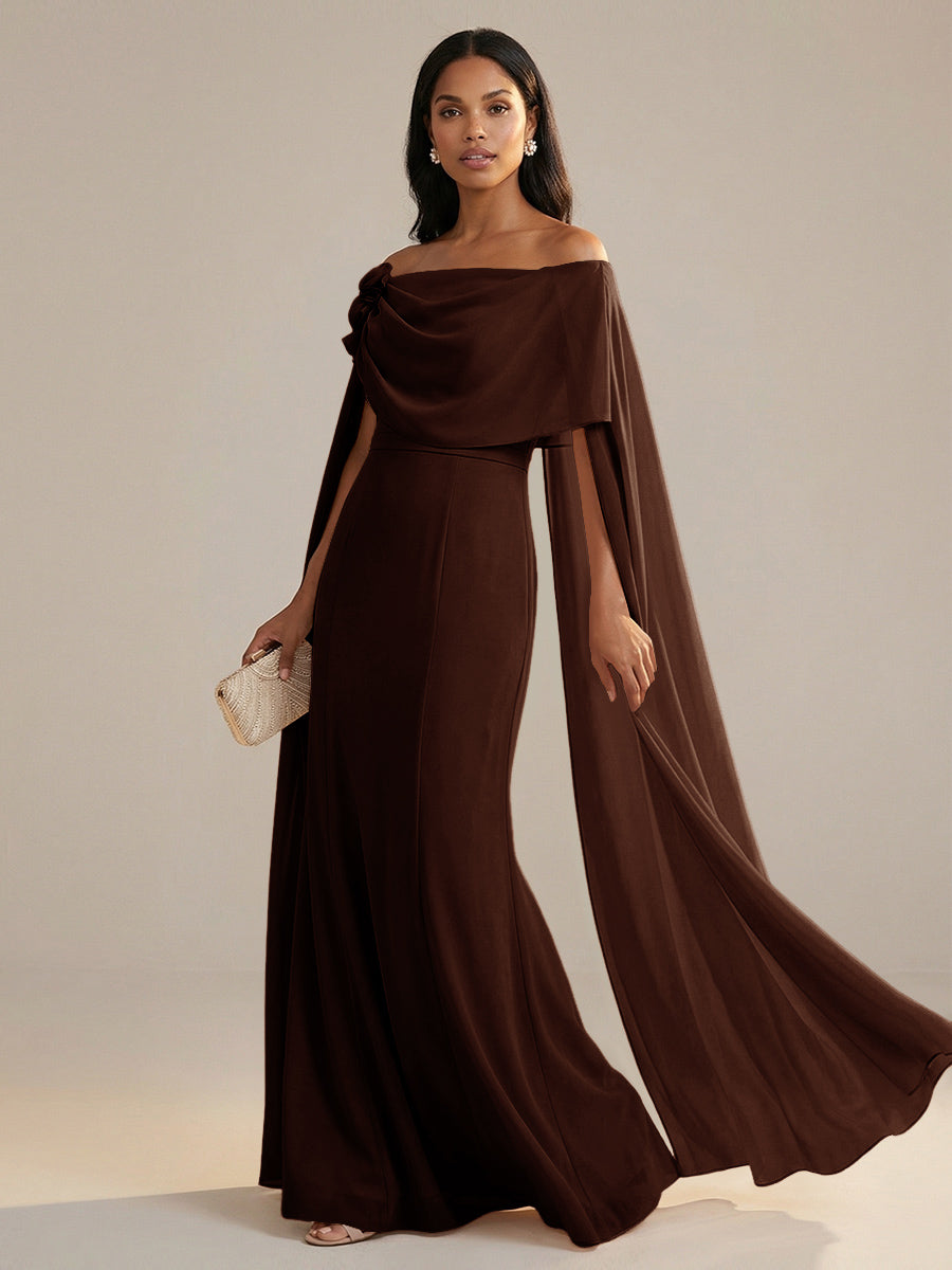 A-Line Chiffon Off-Shoulder Drape Floor-Length Mother of the Bride Dresses with Applique
