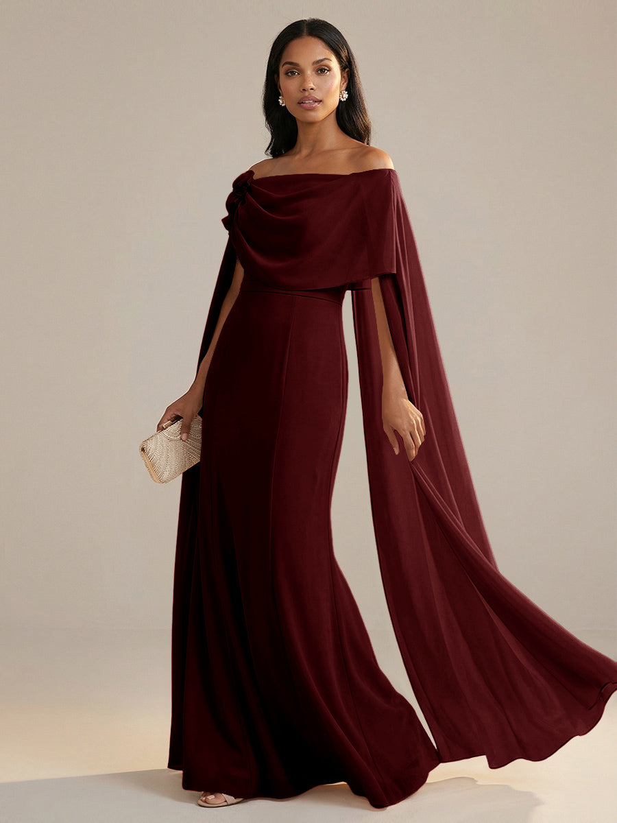 A-Line Chiffon Off-Shoulder Drape Floor-Length Mother of the Bride Dresses with Applique