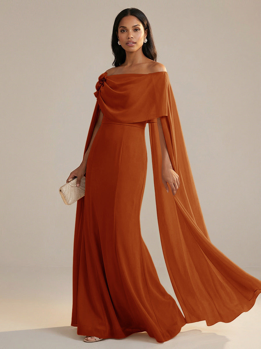 A-Line Chiffon Off-Shoulder Drape Floor-Length Mother of the Bride Dresses with Applique