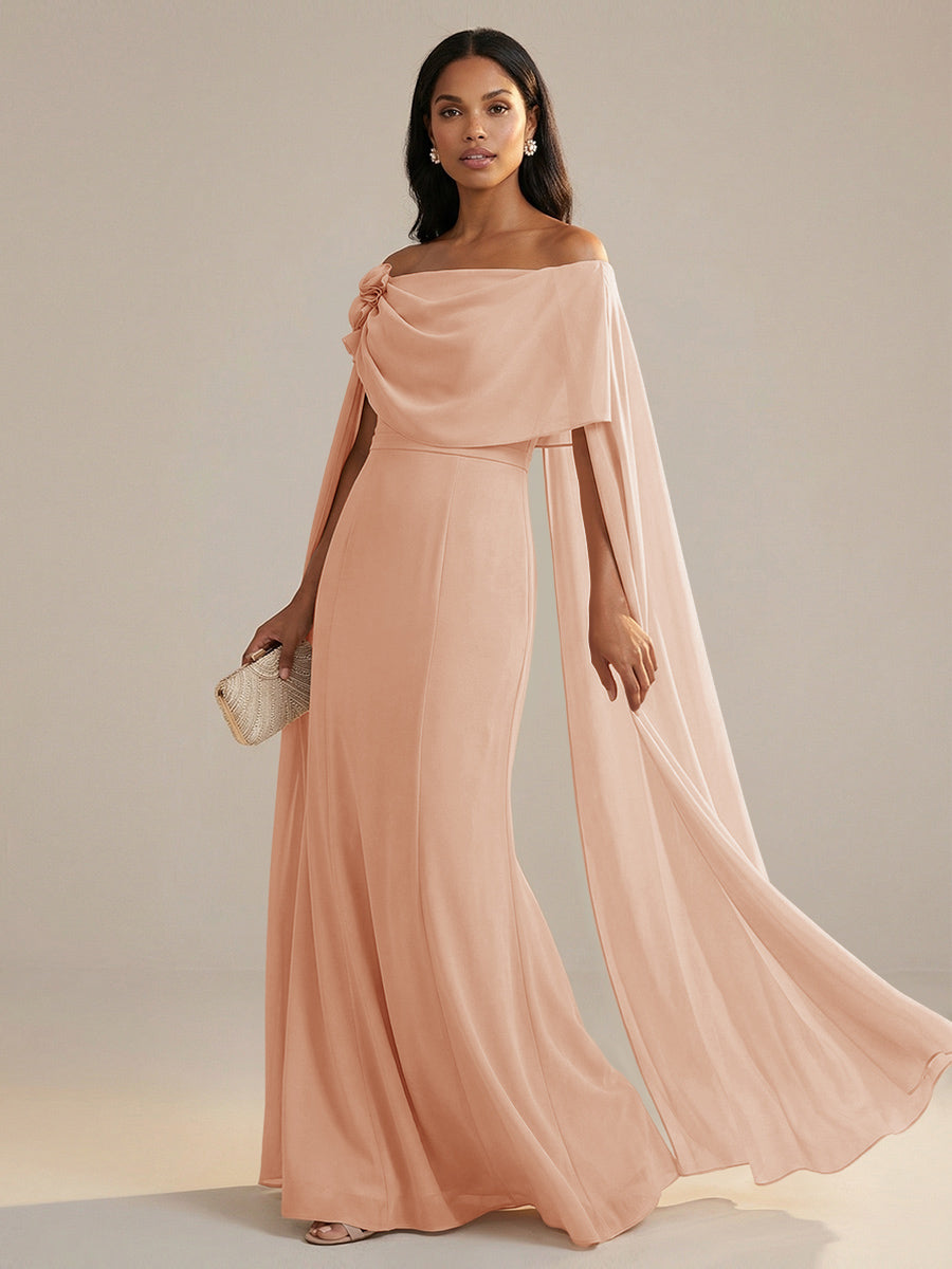 A-Line Chiffon Off-Shoulder Drape Floor-Length Mother of the Bride Dresses with Applique