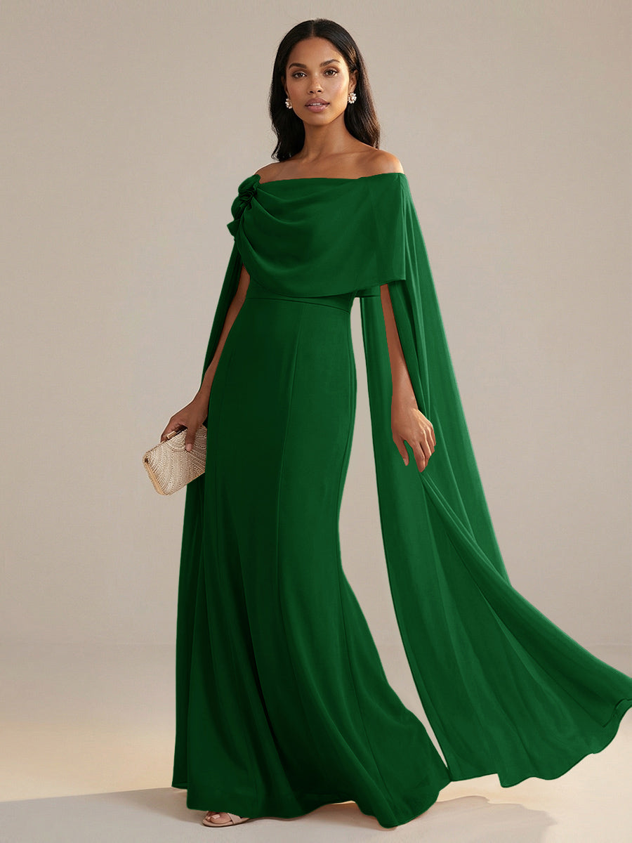 A-Line Chiffon Off-Shoulder Drape Floor-Length Mother of the Bride Dresses with Applique