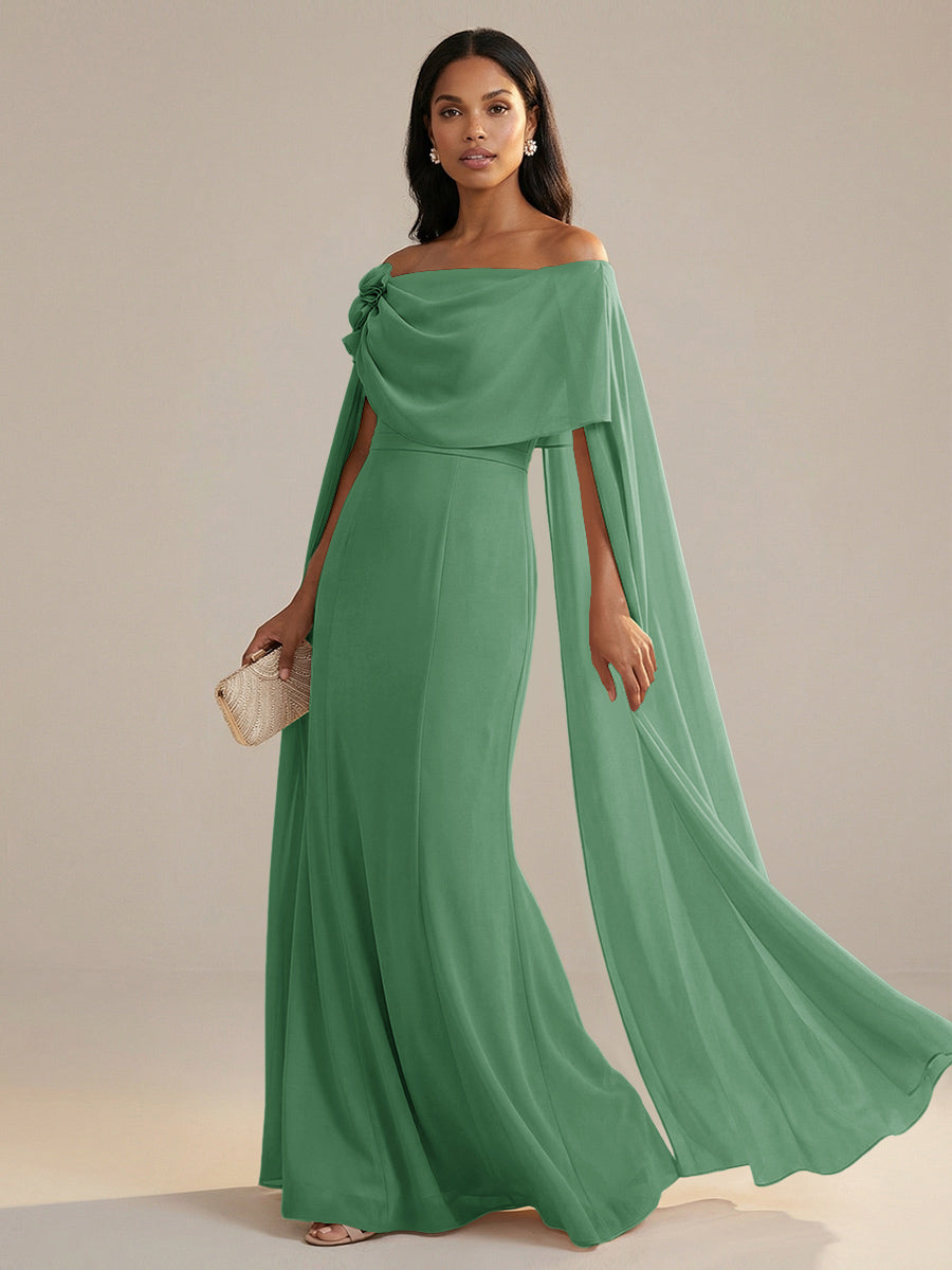 A-Line Chiffon Off-Shoulder Drape Floor-Length Mother of the Bride Dresses with Applique