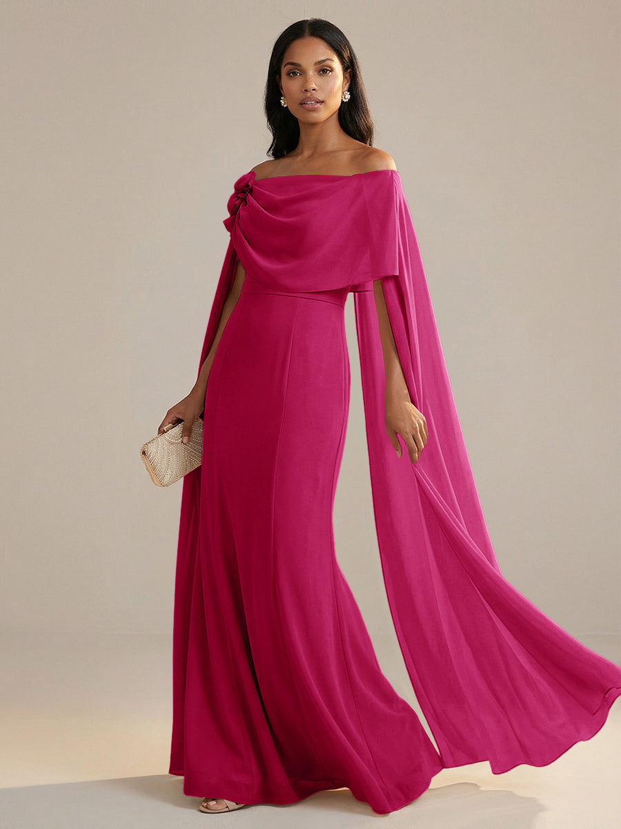 A-Line Chiffon Off-Shoulder Drape Floor-Length Mother of the Bride Dresses with Applique