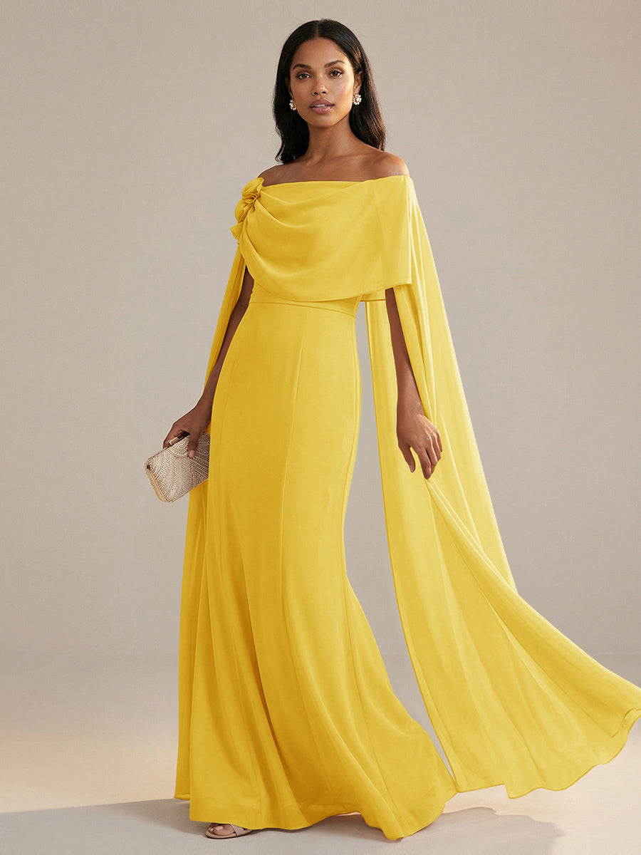 A-Line Chiffon Off-Shoulder Drape Floor-Length Mother of the Bride Dresses with Applique