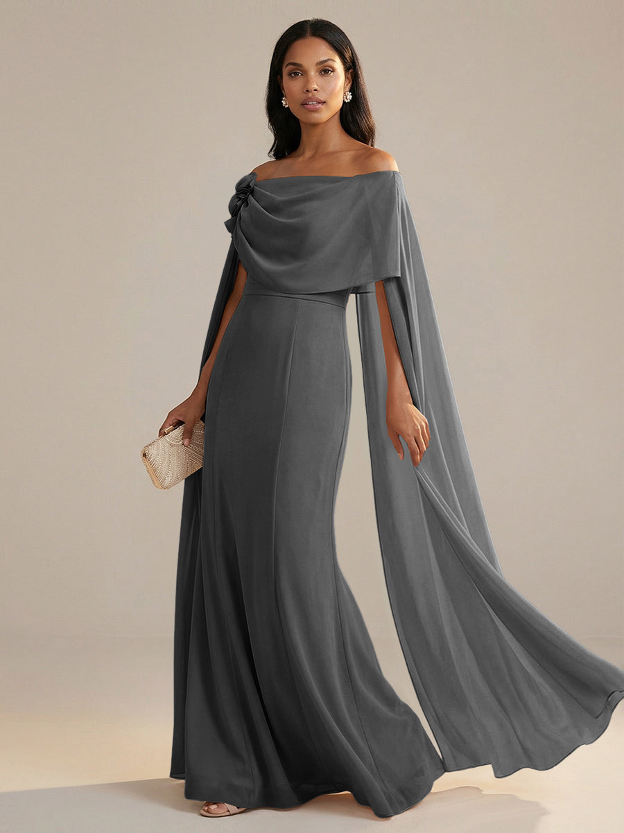 A-Line Chiffon Off-Shoulder Drape Floor-Length Mother of the Bride Dresses with Applique