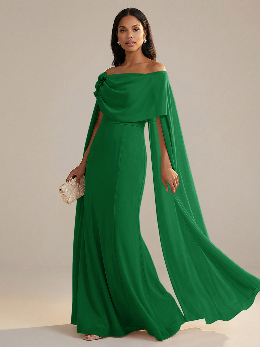 A-Line Chiffon Off-Shoulder Drape Floor-Length Mother of the Bride Dresses with Applique