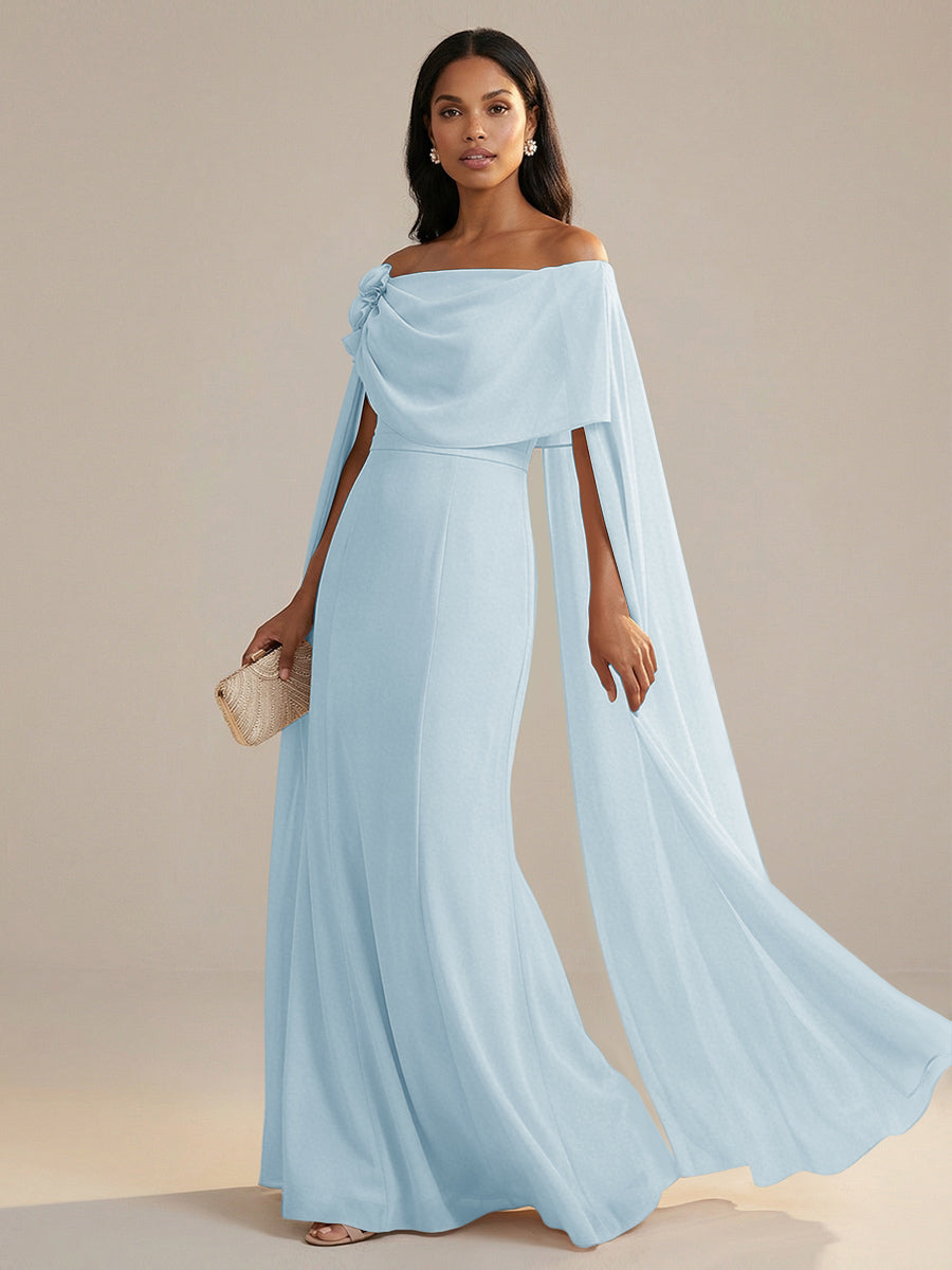 A-Line Chiffon Off-Shoulder Drape Floor-Length Mother of the Bride Dresses with Applique