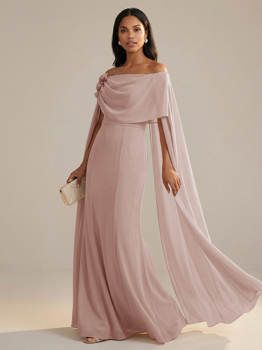 A-Line Chiffon Off-Shoulder Drape Floor-Length Mother of the Bride Dresses with Applique