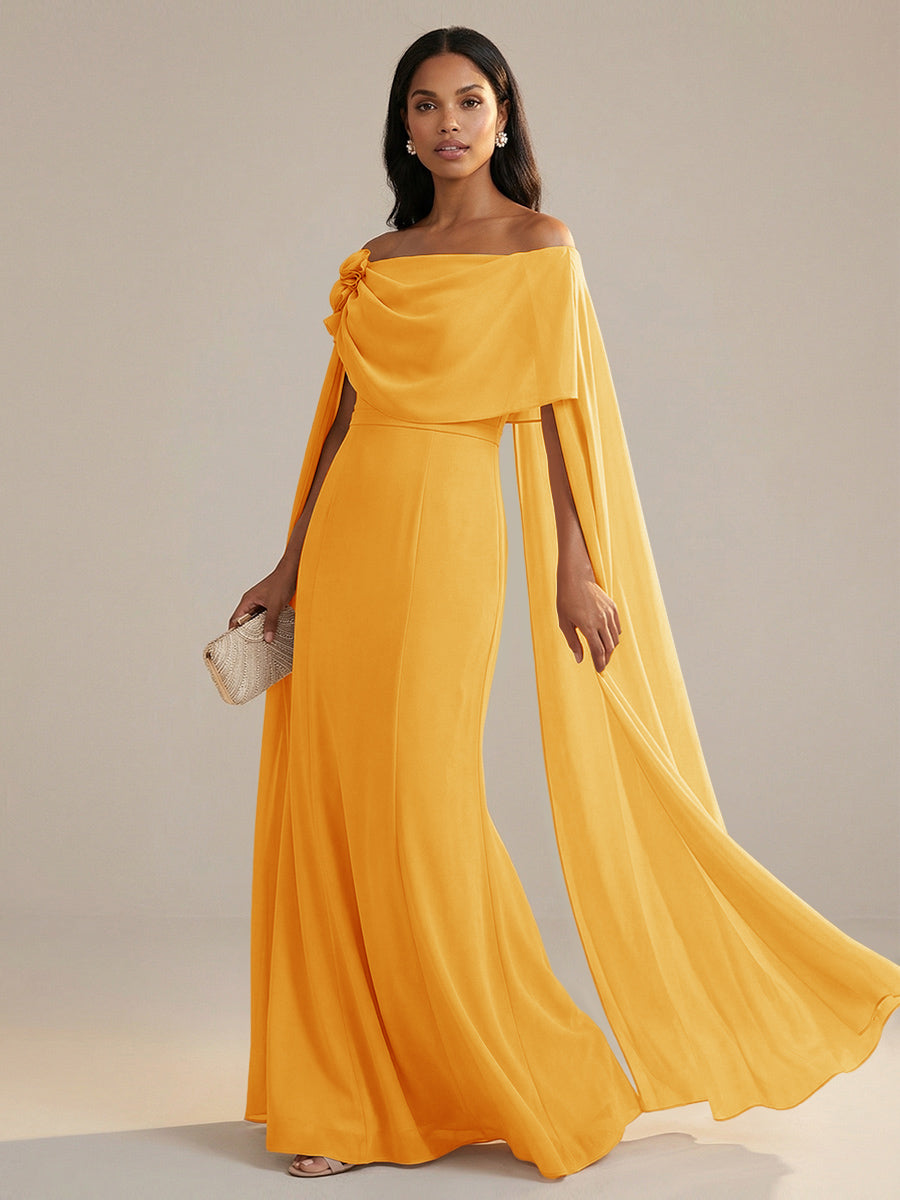 A-Line Chiffon Off-Shoulder Drape Floor-Length Mother of the Bride Dresses with Applique