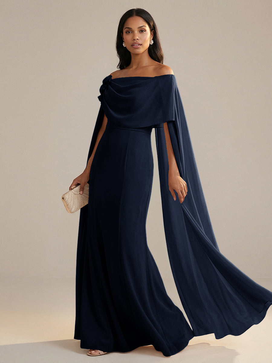 A-Line Chiffon Off-Shoulder Drape Floor-Length Mother of the Bride Dresses with Applique
